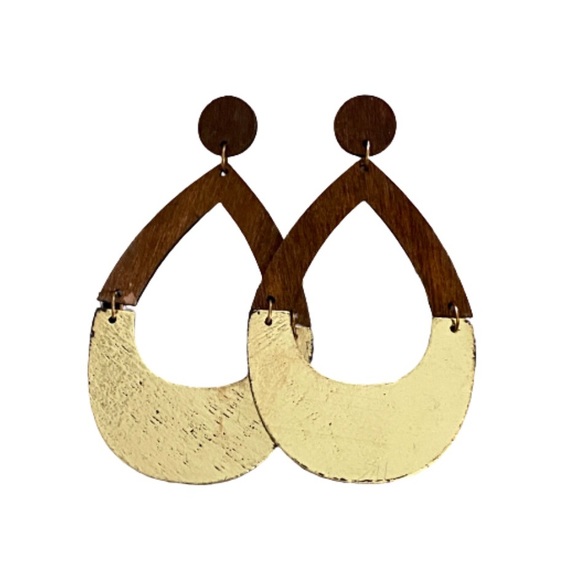🌵Boho TearDrop Gold Plate Chandelier Wood Earring